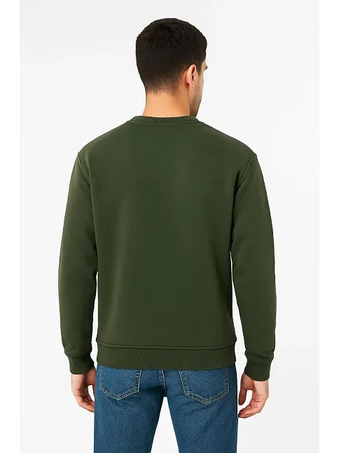 Erkek Üç İplik Düz Bisiklet Yaka Sweatshirt - Haki
