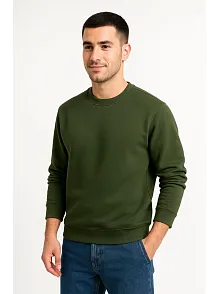 Erkek Üç İplik Düz Bisiklet Yaka Sweatshirt - Haki