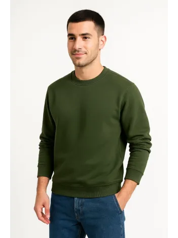 Erkek Üç İplik Düz Bisiklet Yaka Sweatshirt - Haki