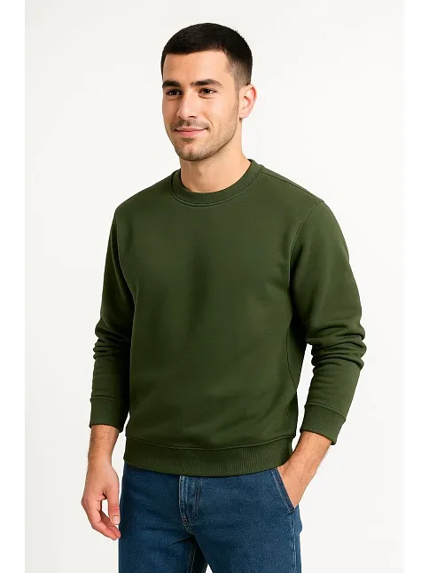 Erkek Üç İplik Düz Bisiklet Yaka Sweatshirt - Haki