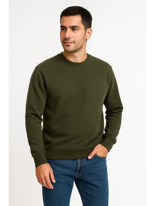 Erkek Üç İplik Düz Bisiklet Yaka Sweatshirt - Haki