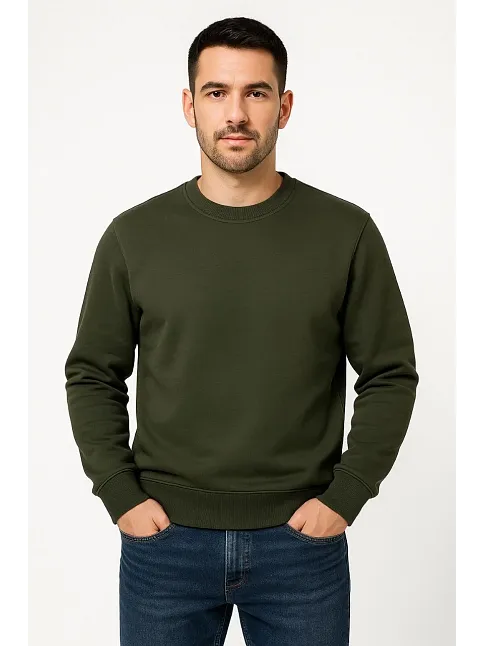 Erkek Üç İplik Düz Bisiklet Yaka Sweatshirt - Haki