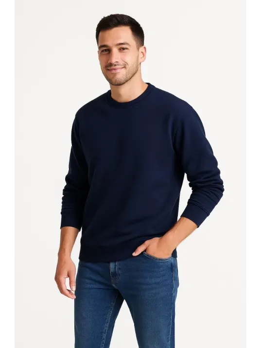 Erkek Üç İplik Düz Bisiklet Yaka Sweatshirt - Lacivert