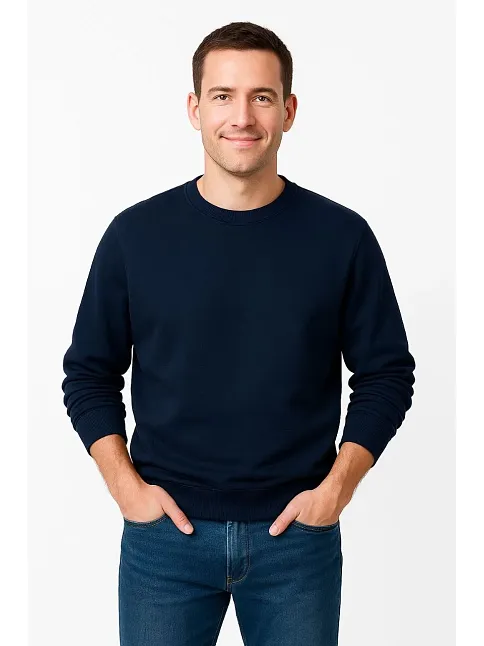 Erkek Üç İplik Düz Bisiklet Yaka Sweatshirt - Lacivert
