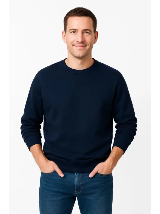 Erkek Üç İplik Düz Bisiklet Yaka Sweatshirt - Lacivert