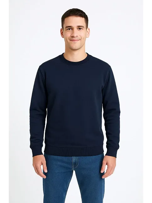 Erkek Üç İplik Düz Bisiklet Yaka Sweatshirt - Lacivert