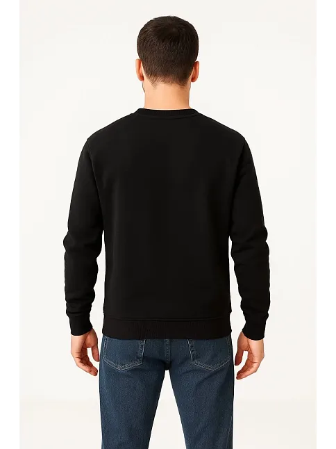 Erkek Üç İplik Düz Bisiklet Yaka Sweatshirt - Siyah