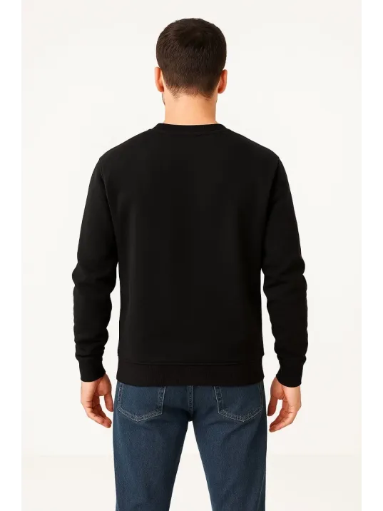 Erkek Üç İplik Düz Bisiklet Yaka SweatShirt - Siyah