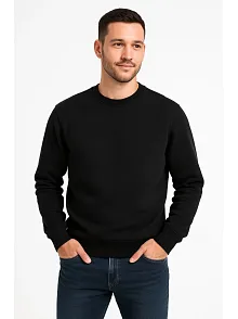 Erkek Üç İplik Düz Bisiklet Yaka Sweatshirt - Siyah
