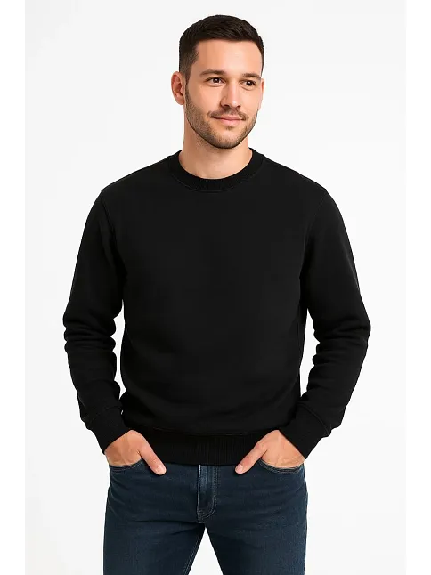 Erkek Üç İplik Düz Bisiklet Yaka Sweatshirt - Siyah