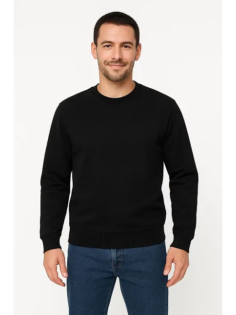 Erkek Üç İplik Düz Bisiklet Yaka Sweatshirt - Siyah