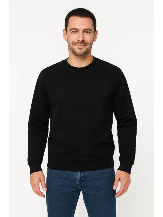 Erkek Üç İplik Düz Bisiklet Yaka SweatShirt - Siyah