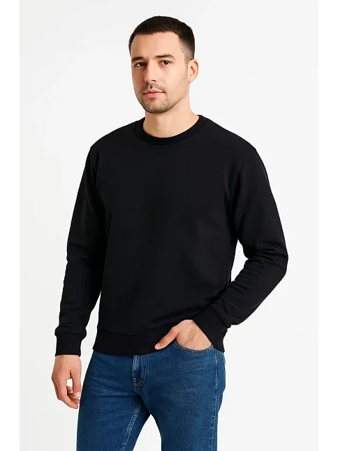Erkek Üç İplik Düz Bisiklet Yaka Sweatshirt - Siyah