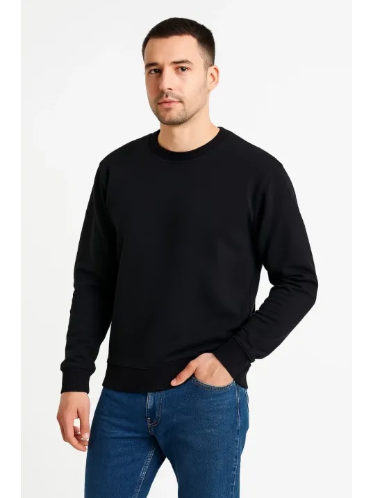 Erkek Üç İplik Düz Bisiklet Yaka SweatShirt - Siyah