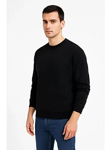Erkek Üç İplik Düz Bisiklet Yaka Sweatshirt - Siyah