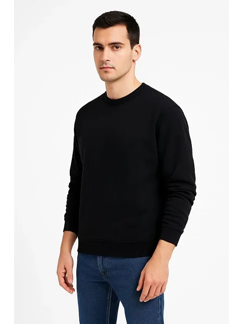 Erkek Üç İplik Düz Bisiklet Yaka Sweatshirt - Siyah