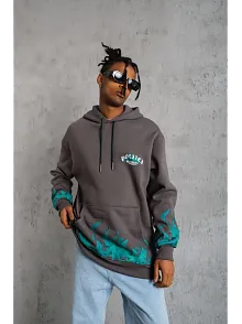 Erkek Üç İplik İçi Pamuklu Alev Baskılı Kapüşonlu Sweatshirt - Gri