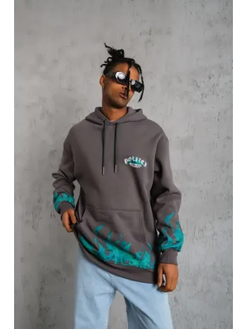 Erkek Üç İplik İçi Pamuklu Alev Baskılı Kapüşonlu Sweatshirt - Gri Erkek Üç İplik İçi Pamuklu Alev Baskılı Kapüşonlu Sweatshirt - Gri