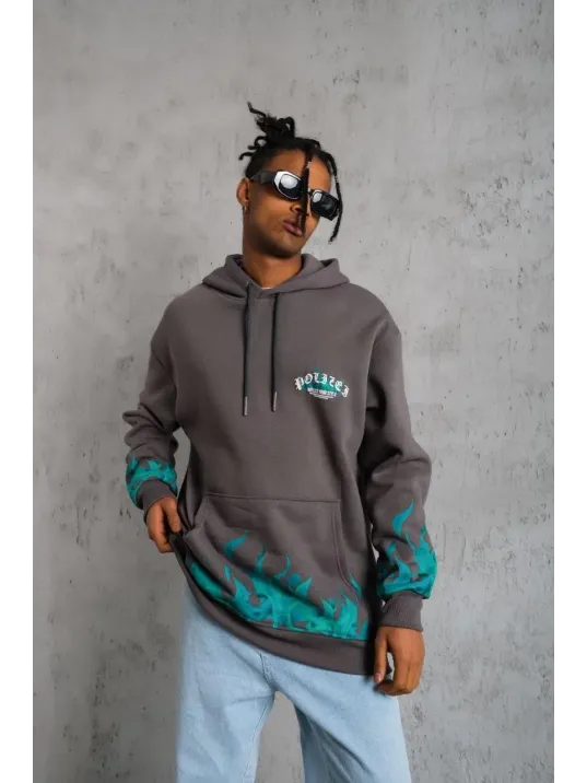 Erkek Üç İplik İçi Pamuklu Alev Baskılı Kapüşonlu Sweatshirt - Gri