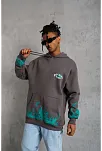 Erkek Üç İplik İçi Pamuklu Alev Baskılı Kapüşonlu Sweatshirt - Gri