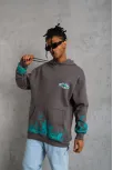 Erkek Üç İplik İçi Pamuklu Alev Baskılı Kapüşonlu Sweatshirt - Gri