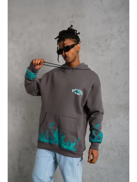 Erkek Üç İplik İçi Pamuklu Alev Baskılı Kapüşonlu Sweatshirt - Gri