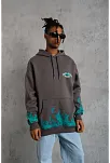 Erkek Üç İplik İçi Pamuklu Alev Baskılı Kapüşonlu Sweatshirt - Gri