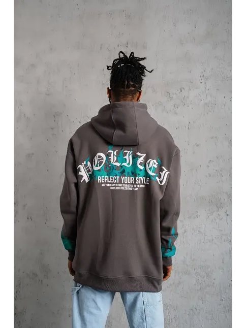 Erkek Üç İplik İçi Pamuklu Alev Baskılı Kapüşonlu Sweatshirt - Gri