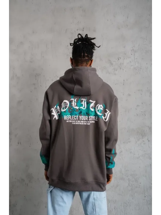 Erkek Üç İplik İçi Pamuklu Alev Baskılı Kapüşonlu Sweatshirt - Gri