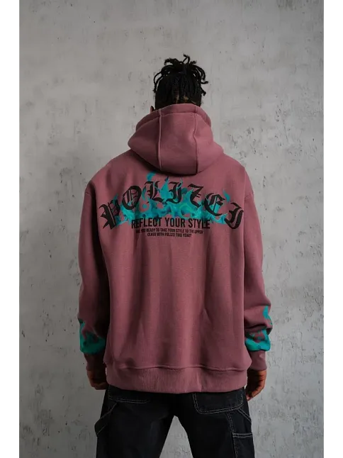 Erkek Üç İplik İçi Pamuklu Alev Baskılı Kapüşonlu Sweatshirt - Gül Kurusu