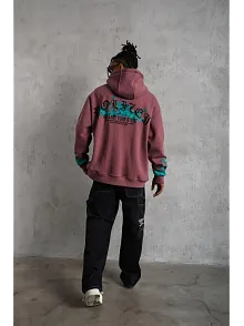 Erkek Üç İplik İçi Pamuklu Alev Baskılı Kapüşonlu Sweatshirt - Gül Kurusu