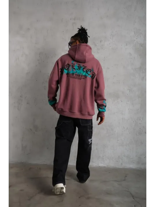 Erkek Üç İplik İçi Pamuklu Alev Baskılı Kapüşonlu Sweatshirt - Gül Kurusu