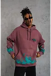 Erkek Üç İplik İçi Pamuklu Alev Baskılı Kapüşonlu Sweatshirt - Gül Kurusu