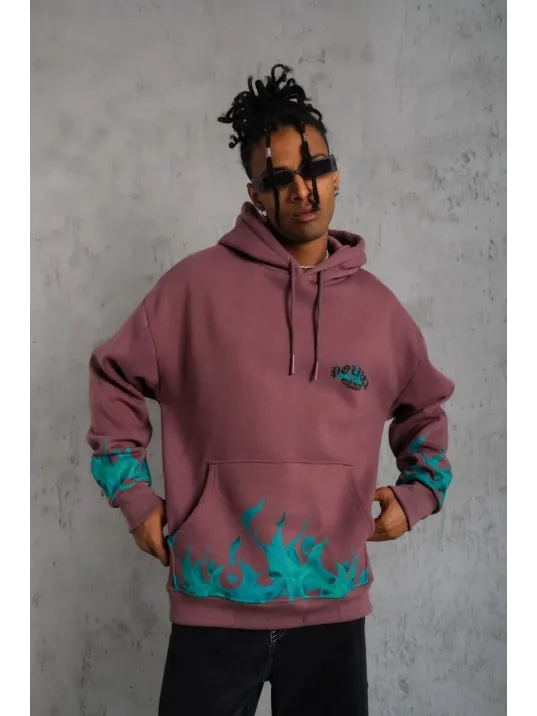 Erkek Üç İplik İçi Pamuklu Alev Baskılı Kapüşonlu Sweatshirt - Gül Kurusu