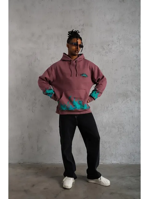 Erkek Üç İplik İçi Pamuklu Alev Baskılı Kapüşonlu Sweatshirt - Gül Kurusu