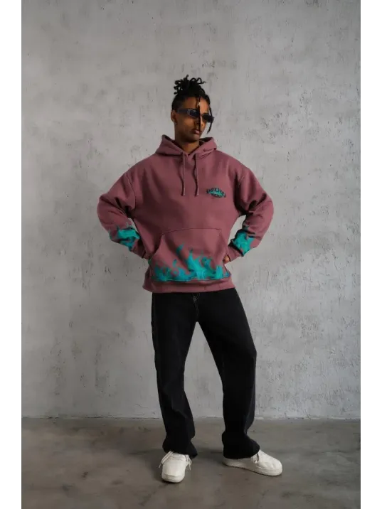 Erkek Üç İplik İçi Pamuklu Alev Baskılı Kapüşonlu Sweatshirt - Gül Kurusu