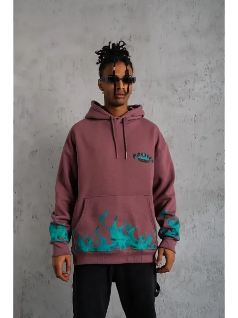 Erkek Üç İplik İçi Pamuklu Alev Baskılı Kapüşonlu Sweatshirt - Gül Kurusu