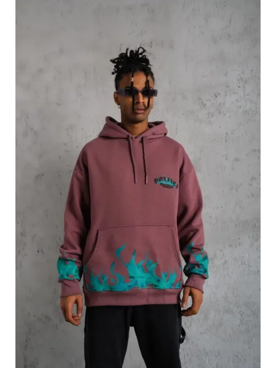 Erkek Üç İplik İçi Pamuklu Alev Baskılı Kapüşonlu Sweatshirt - Gül Kurusu