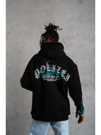 Erkek Üç İplik İçi Pamuklu Alev Baskılı Kapüşonlu Sweatshirt - Siyah