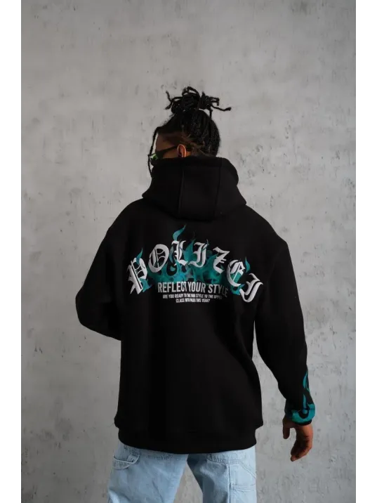 Erkek Üç İplik İçi Pamuklu Alev Baskılı Kapüşonlu Sweatshirt - Siyah