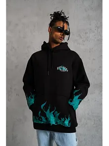 Erkek Üç İplik İçi Pamuklu Alev Baskılı Kapüşonlu Sweatshirt - Siyah