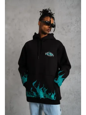 Erkek Üç İplik İçi Pamuklu Alev Baskılı Kapüşonlu Sweatshirt - Siyah Erkek Üç İplik İçi Pamuklu Alev Baskılı Kapüşonlu Sweatshirt - Siyah