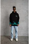 Erkek Üç İplik İçi Pamuklu Alev Baskılı Kapüşonlu Sweatshirt - Siyah