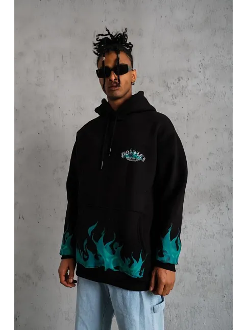 Erkek Üç İplik İçi Pamuklu Alev Baskılı Kapüşonlu Sweatshirt - Siyah