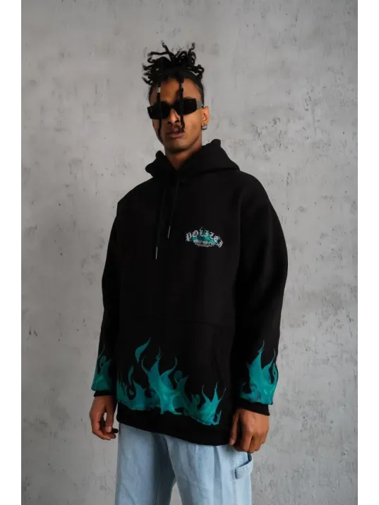 Erkek Üç İplik İçi Pamuklu Alev Baskılı Kapüşonlu Sweatshirt - Siyah