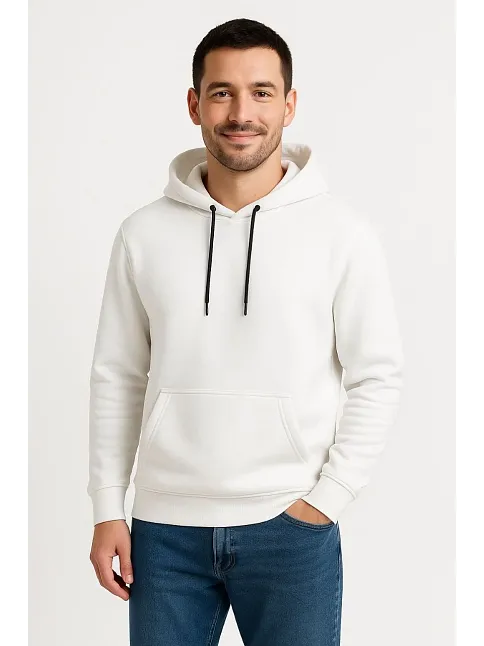Erkek Üç İplik Kapüşonlu Kanguru Cepli Sweatshirt Hoodie - Beyaz