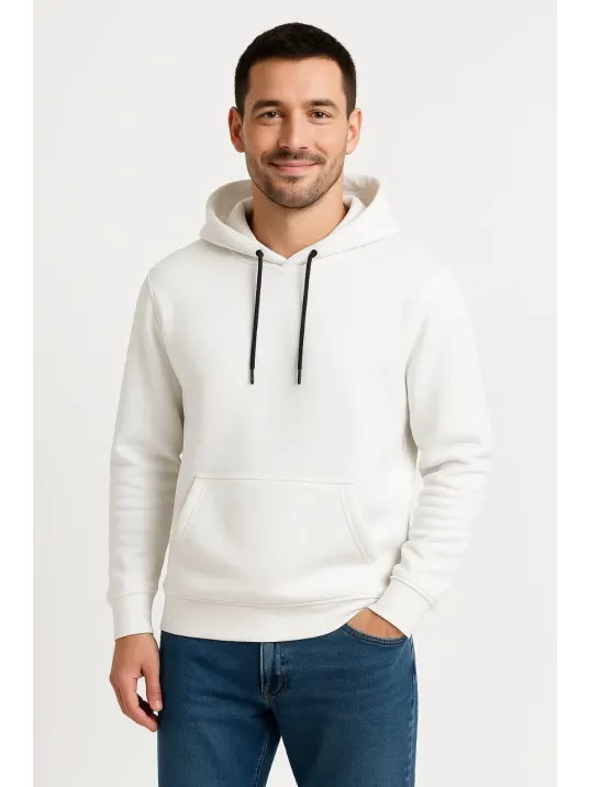 Erkek Üç İplik Kapüşonlu Kanguru Cepli SweatShirt hoodie - Beyaz