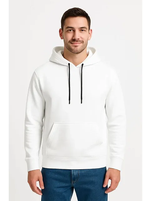 Erkek Üç İplik Kapüşonlu Kanguru Cepli Sweatshirt Hoodie - Beyaz