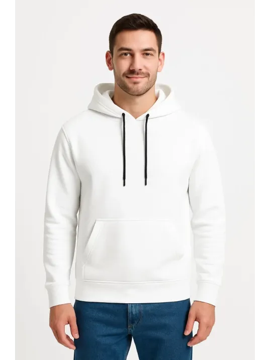 Erkek Üç İplik Kapüşonlu Kanguru Cepli SweatShirt hoodie - Beyaz