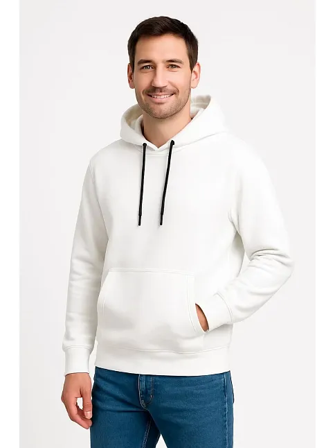 Erkek Üç İplik Kapüşonlu Kanguru Cepli Sweatshirt Hoodie - Beyaz